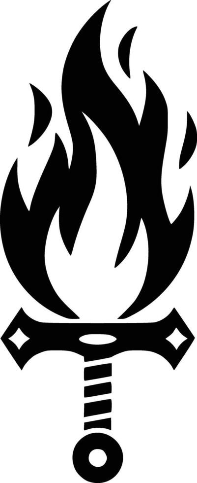 A black and white logo of a fire and sword vector