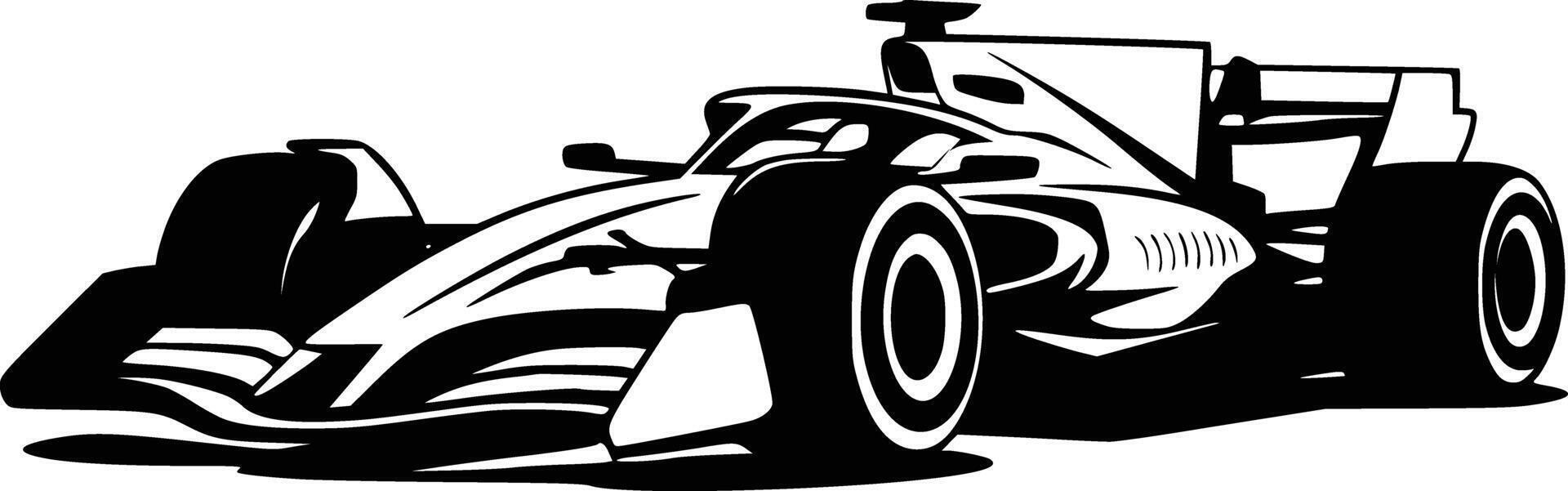 A racing car is shown in black and white vector