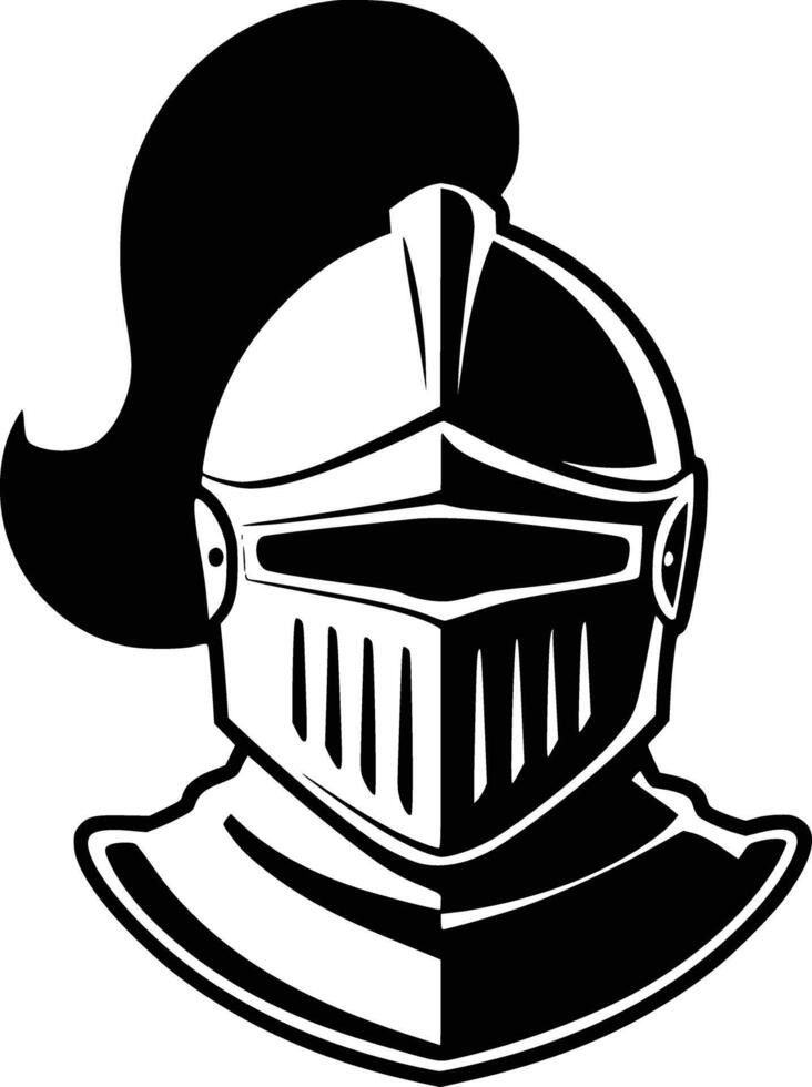 A black and white knight helmet with a long hair white isolated background vector