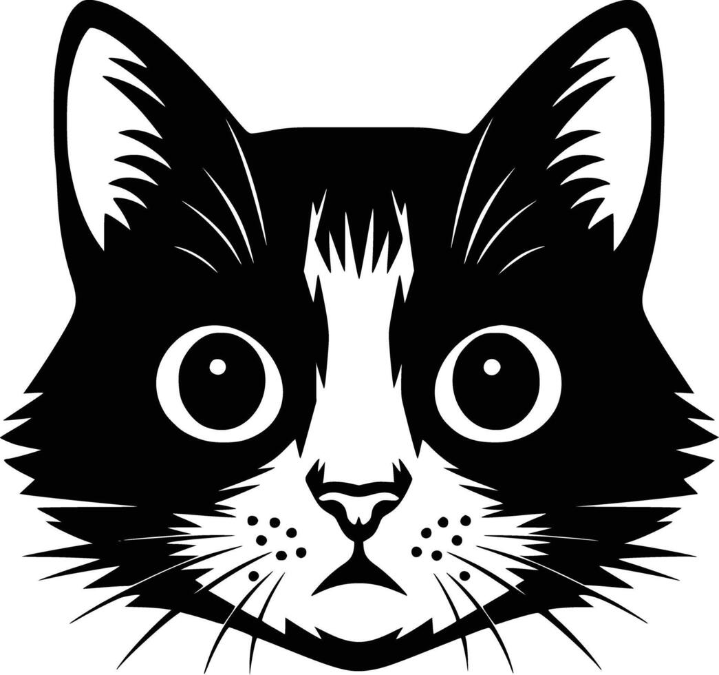 A black and white cat's face with big eyes white isolated background vector