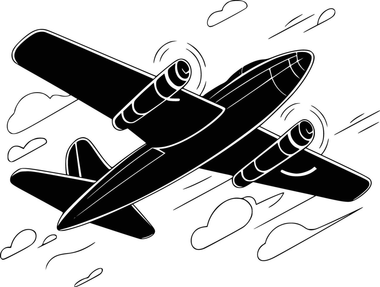 A black and white drawing of a plane flying in the sky vector