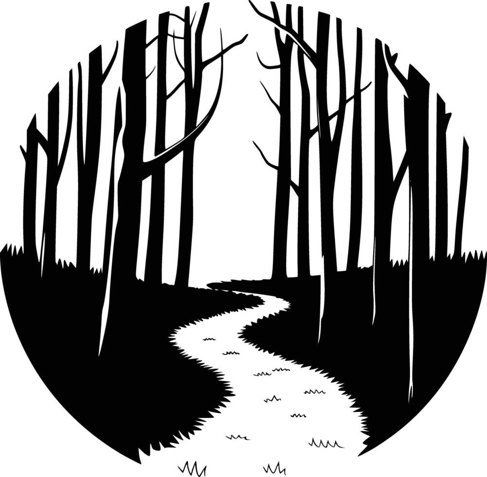 A black and white illustration of a path in the woods vector