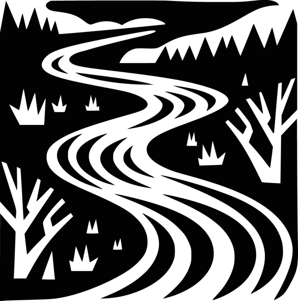 A black and white illustration of a river white isolated background vector