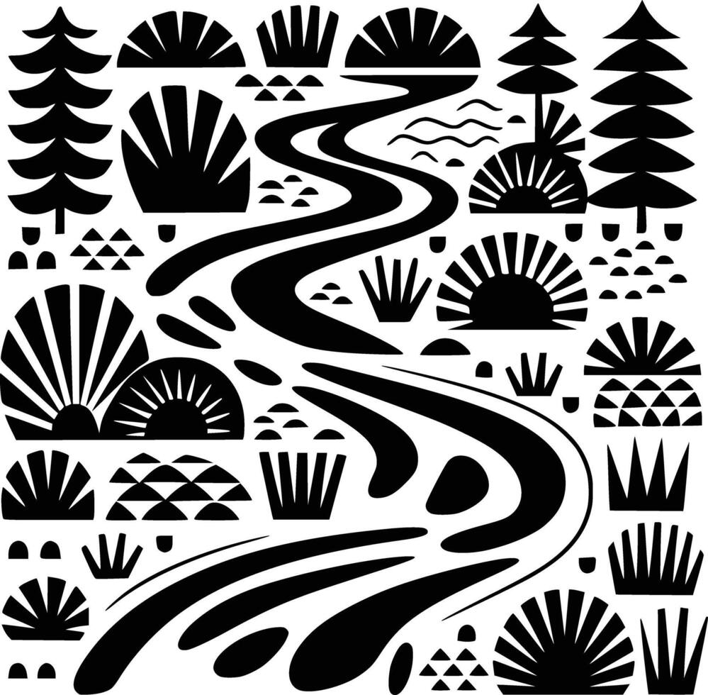 A black and white illustration of a river and trees vector