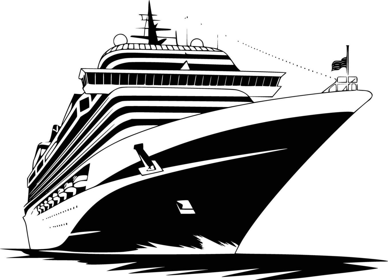 A cruise ship is shown in black and white vector
