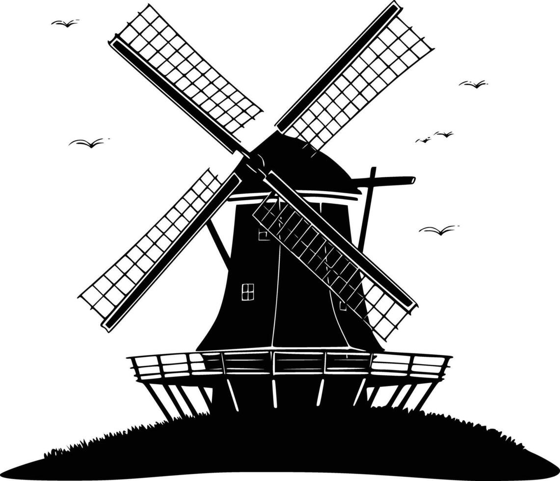 A black and white illustration of a windmill vector