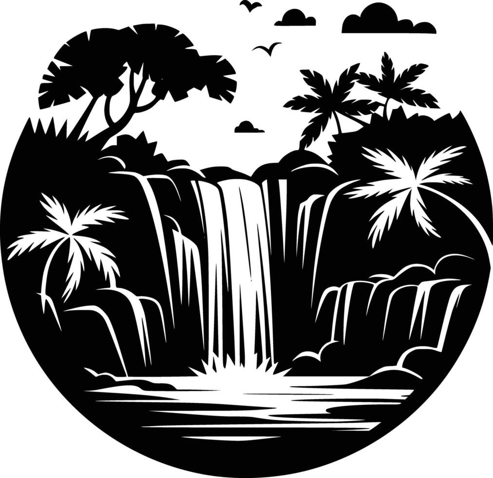 A black and white illustration of a waterfall and palm trees vector