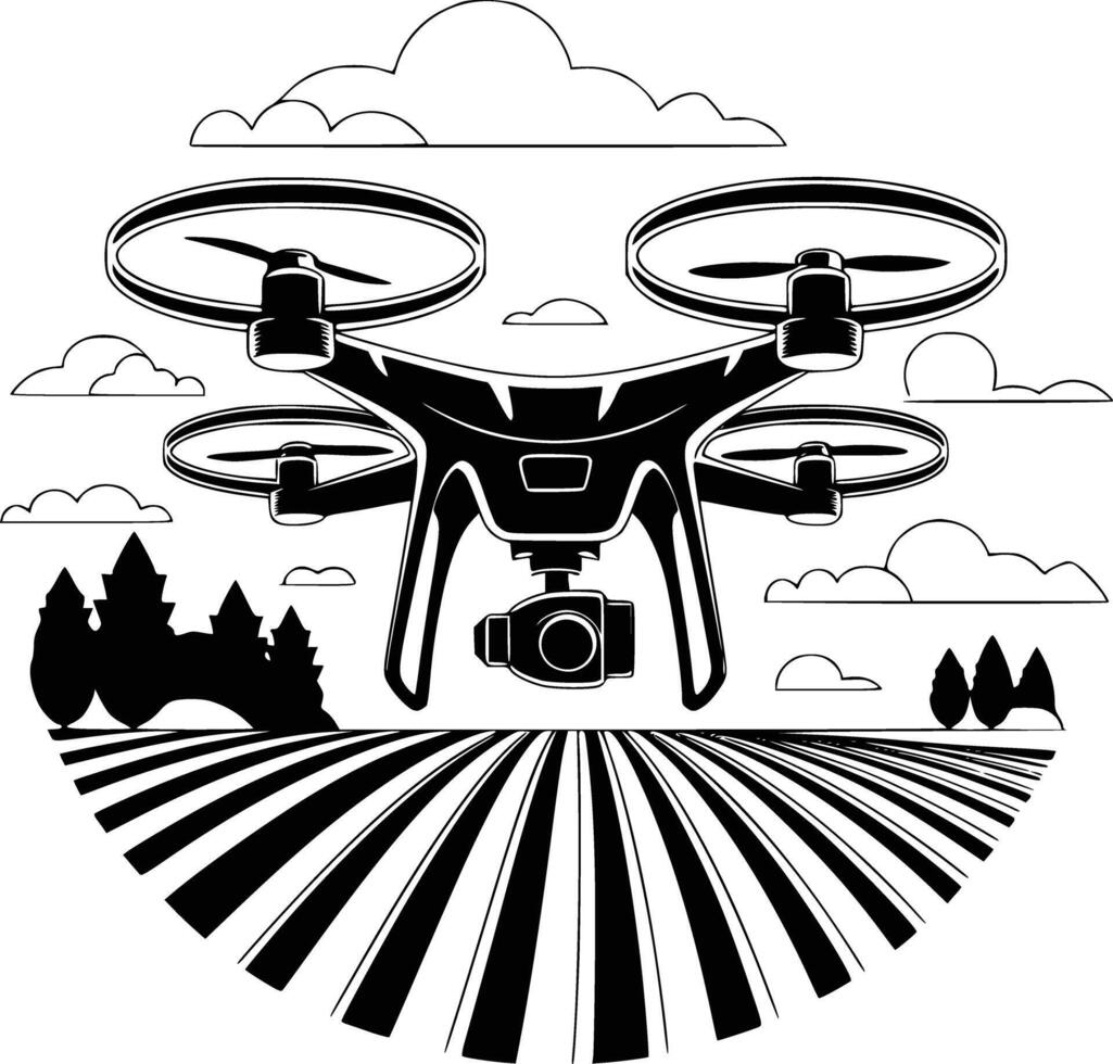 A black and white logo of a drone flying over a field white isolated background vector