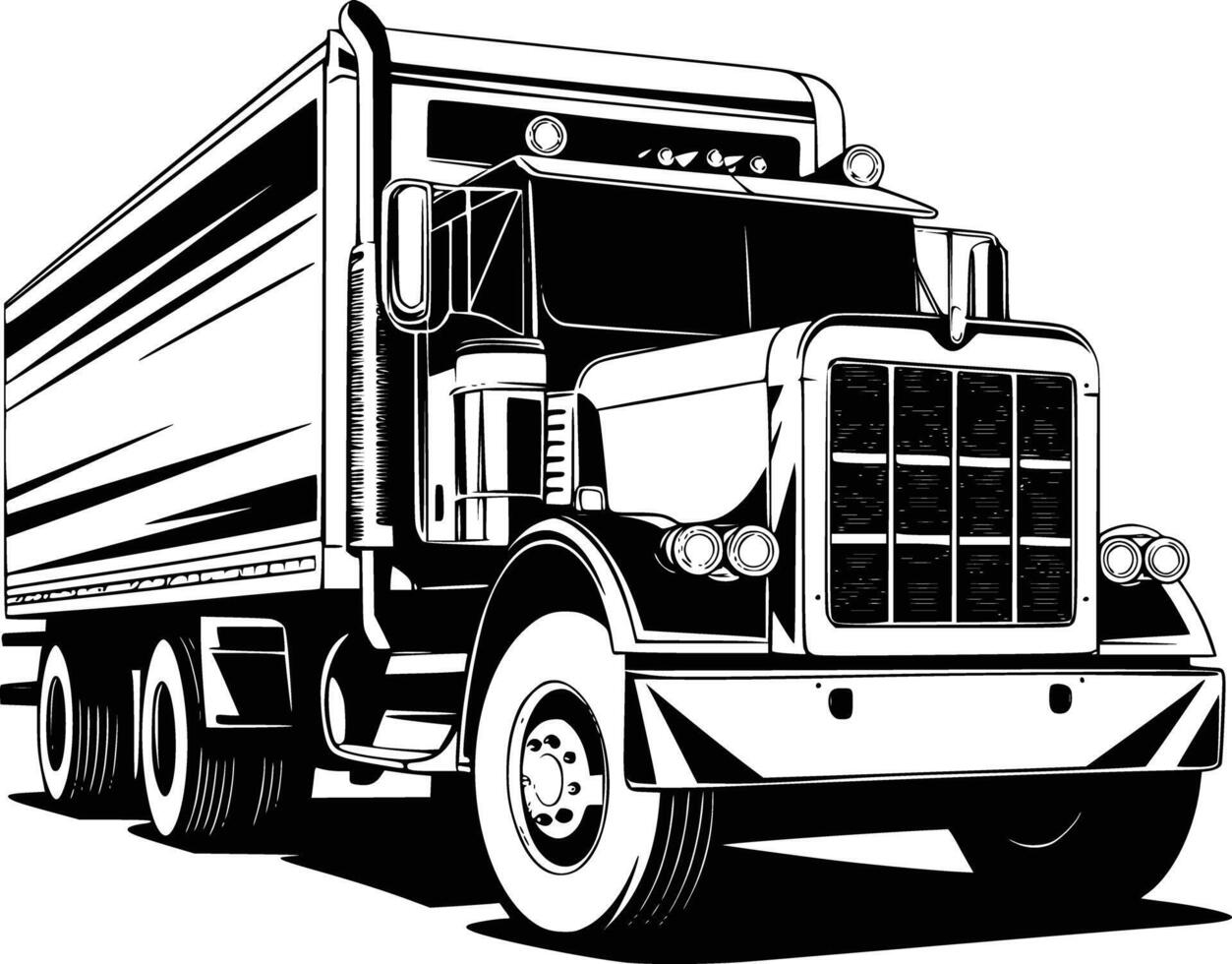 A black and white drawing of a semi truck white isolated background vector