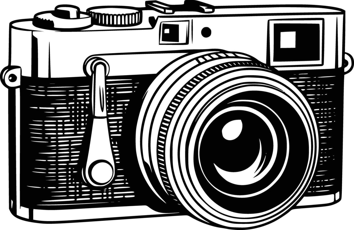 A black and white drawing of a camera white isolated background vector
