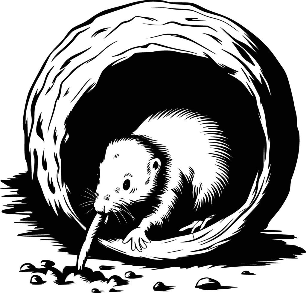 A black and white drawing of a mouse in a hole vector