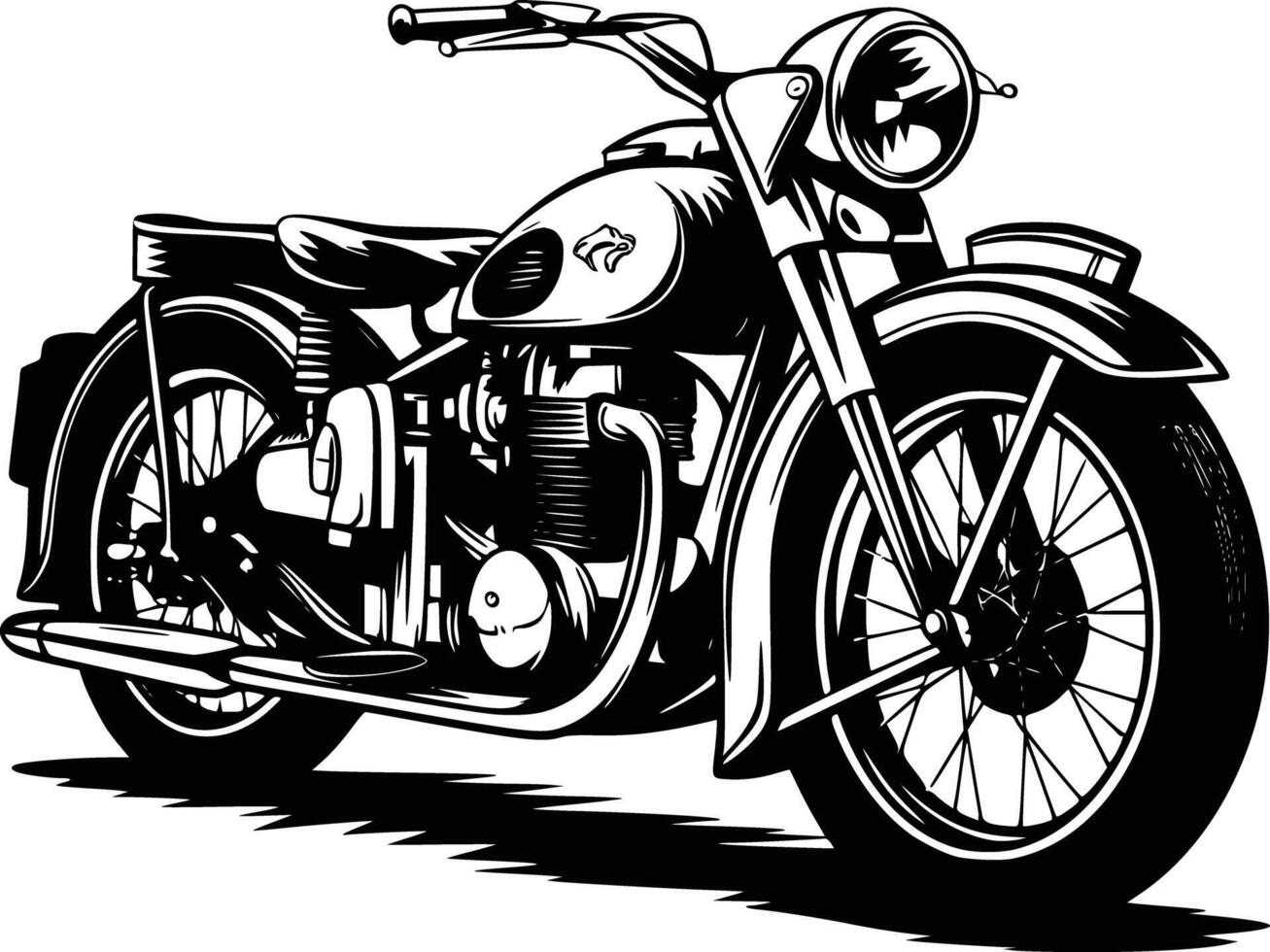 An old motorcycle is shown in black and white vector