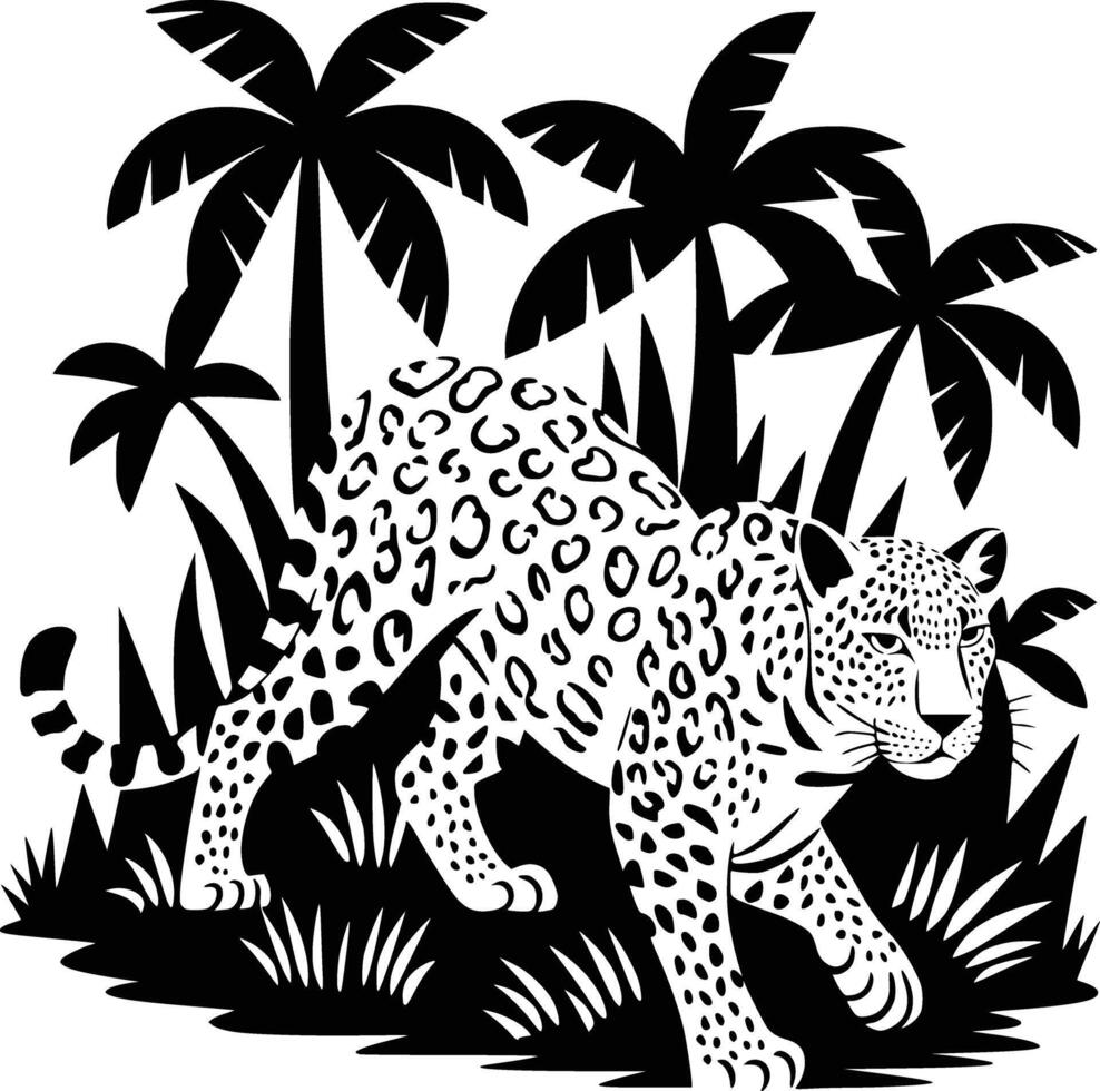 A black and white drawing of a leopard in the jungle vector