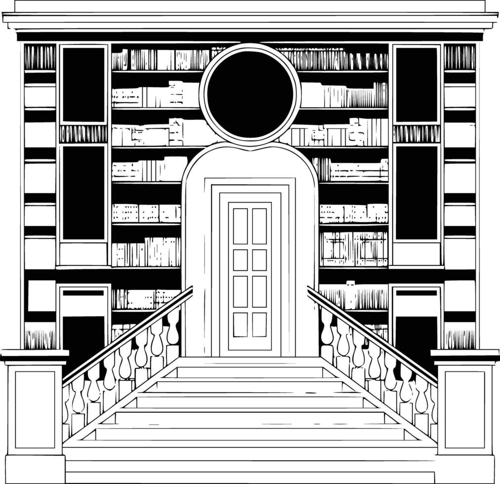 A drawing of a library with stairs and bookshelves vector
