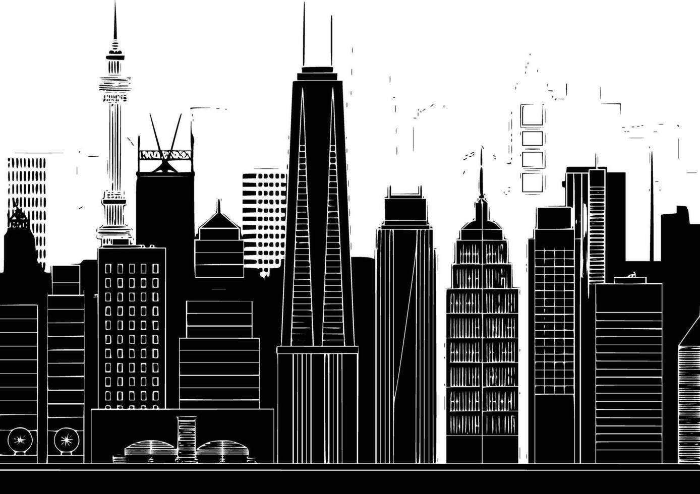 A black and white illustration of a city skyline vector