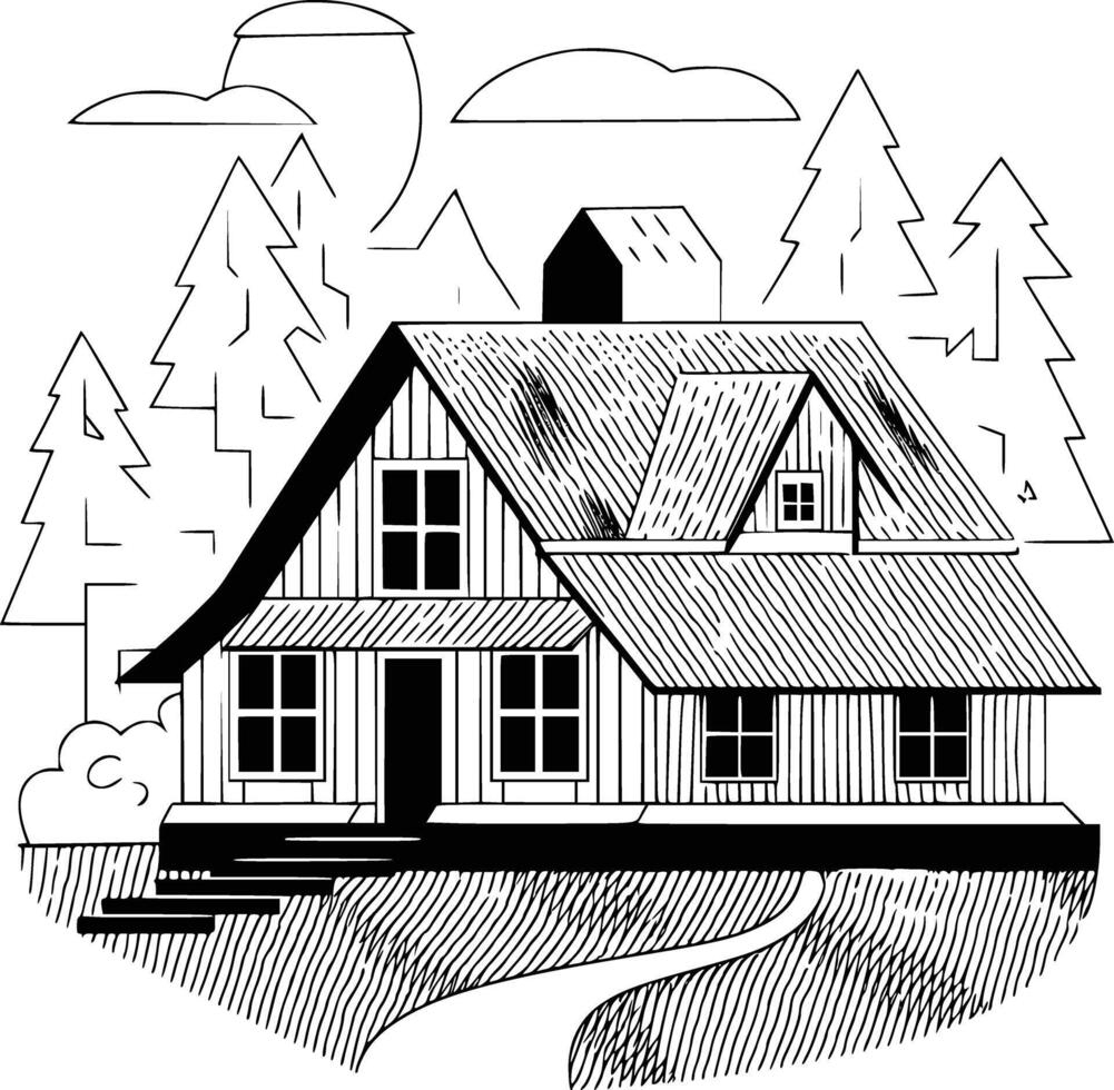 A black and white drawing of a house in the woods vector