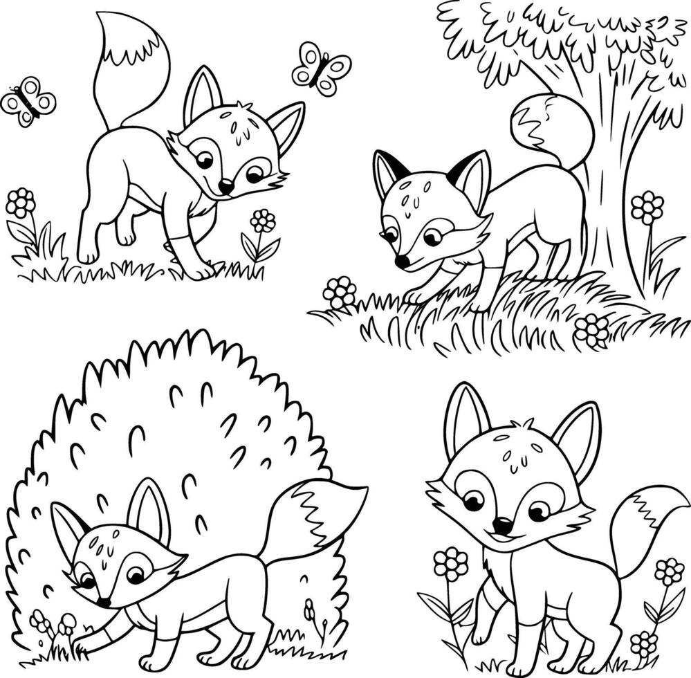 Foxes coloring pages for kids white isolated background vector