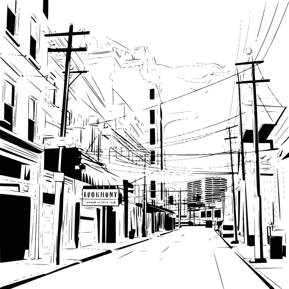 A black and white drawing of a street with buildings vector