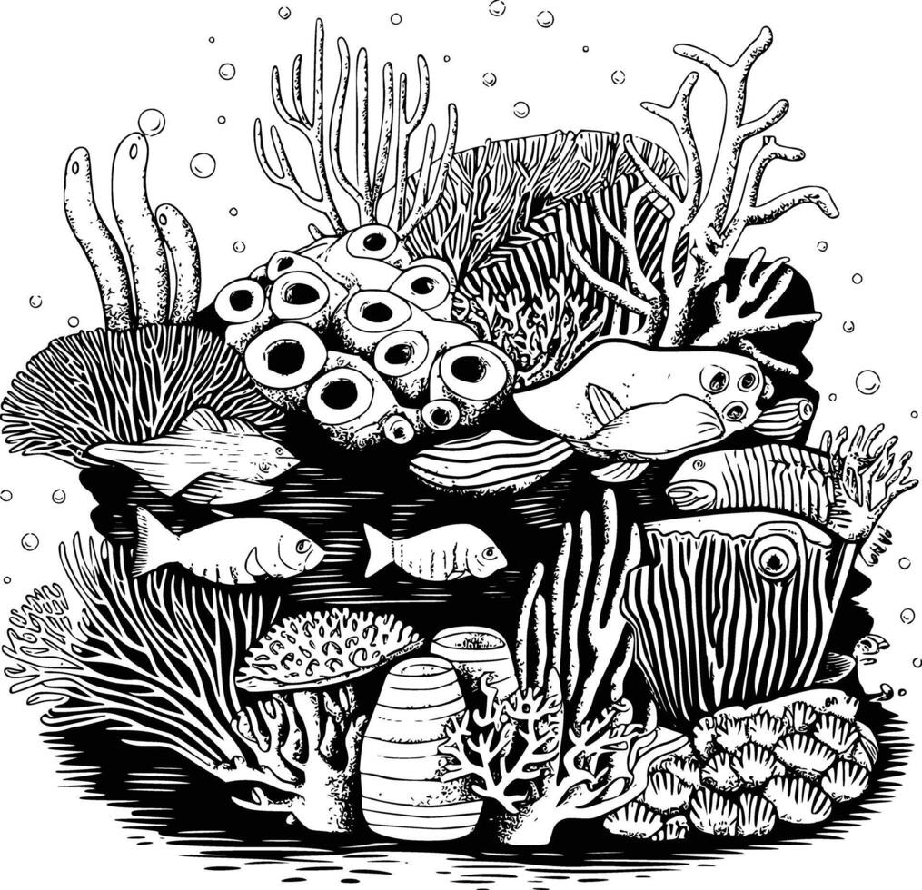 A black and white drawing of a coral reef vector