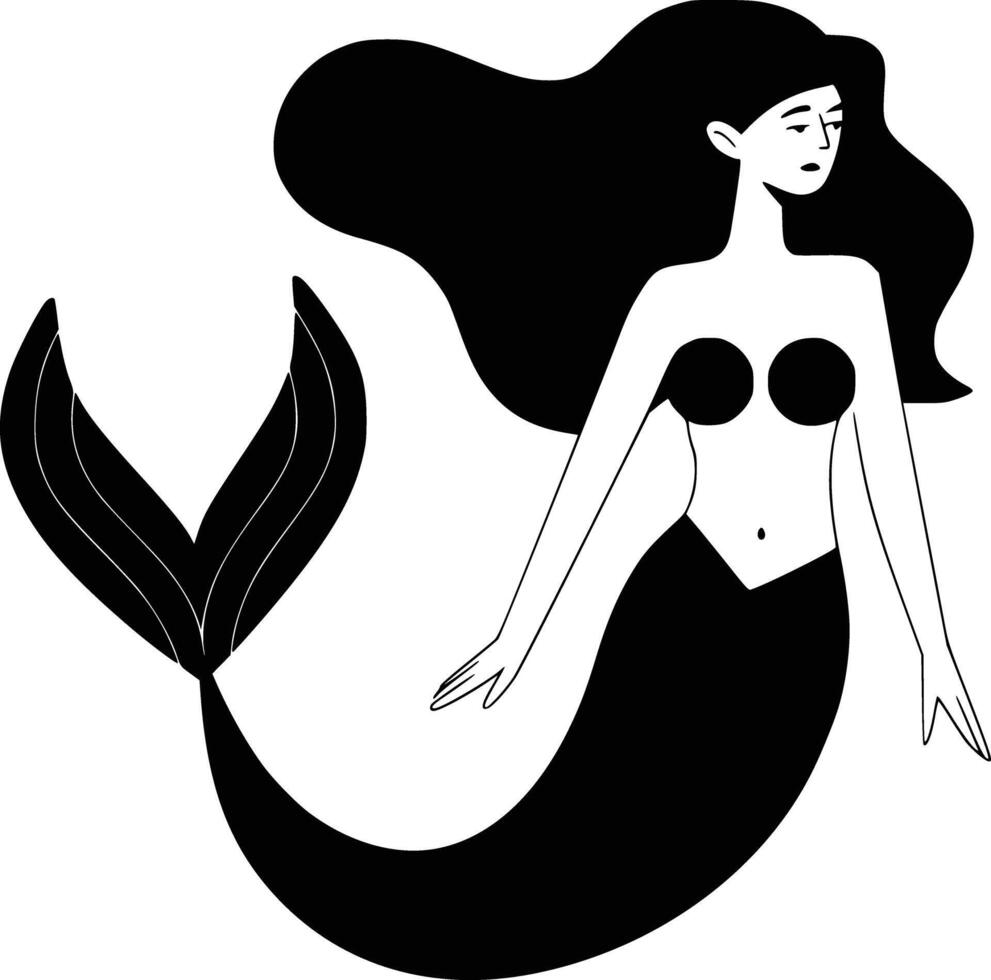 A black and white illustration of a mermaid vector