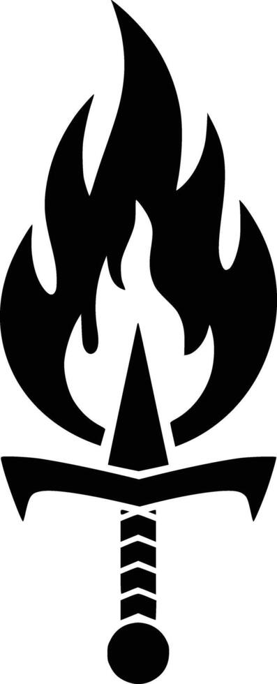 A black and white logo of a fire and a sword vector