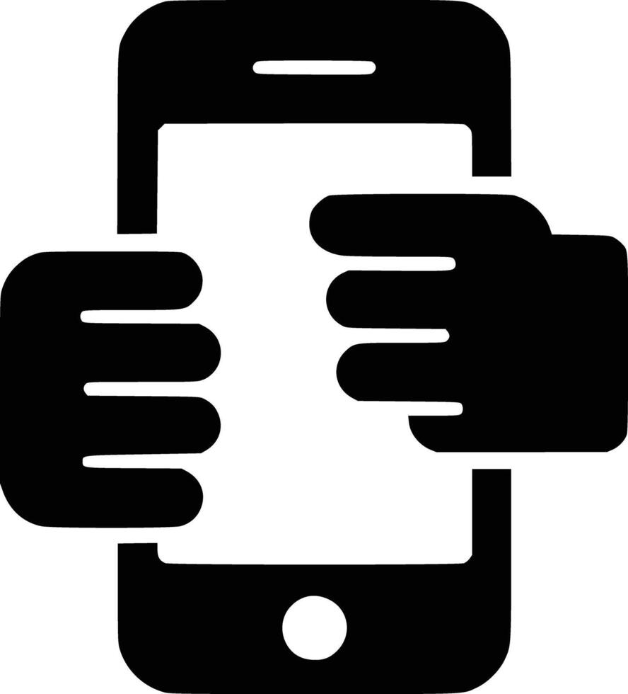 A black and white illustration of two hands holding a phone vector