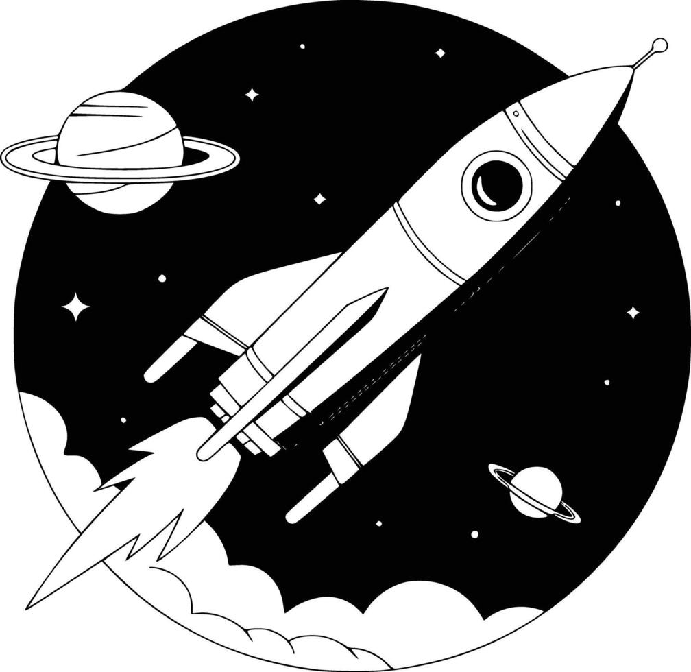 A black and white drawing of a rocket flying through space vector