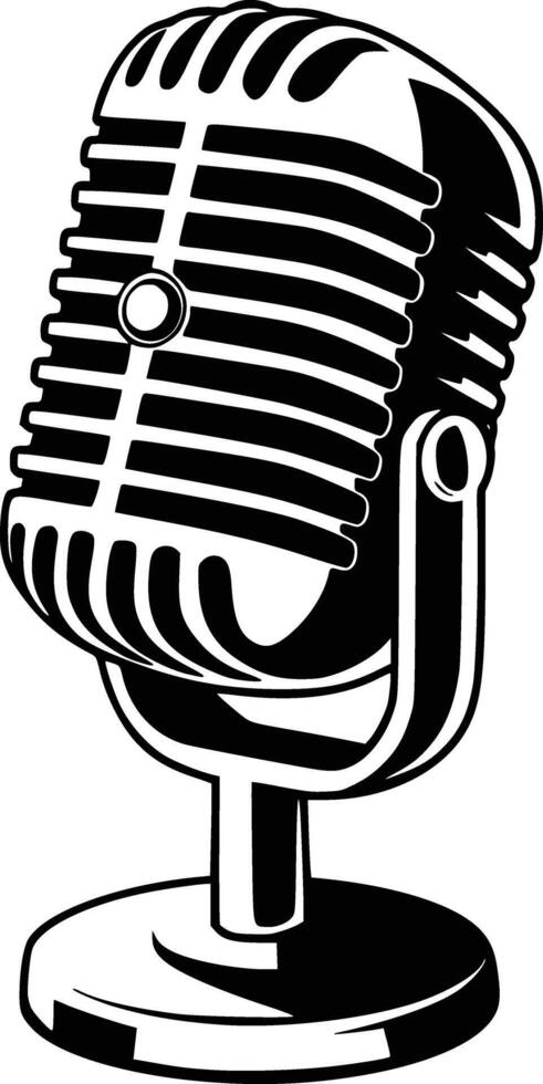 A black and white illustration of a microphone and isolated background vector