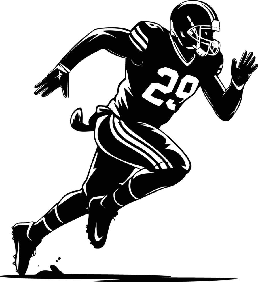 A black and white illustration of a football player running vector