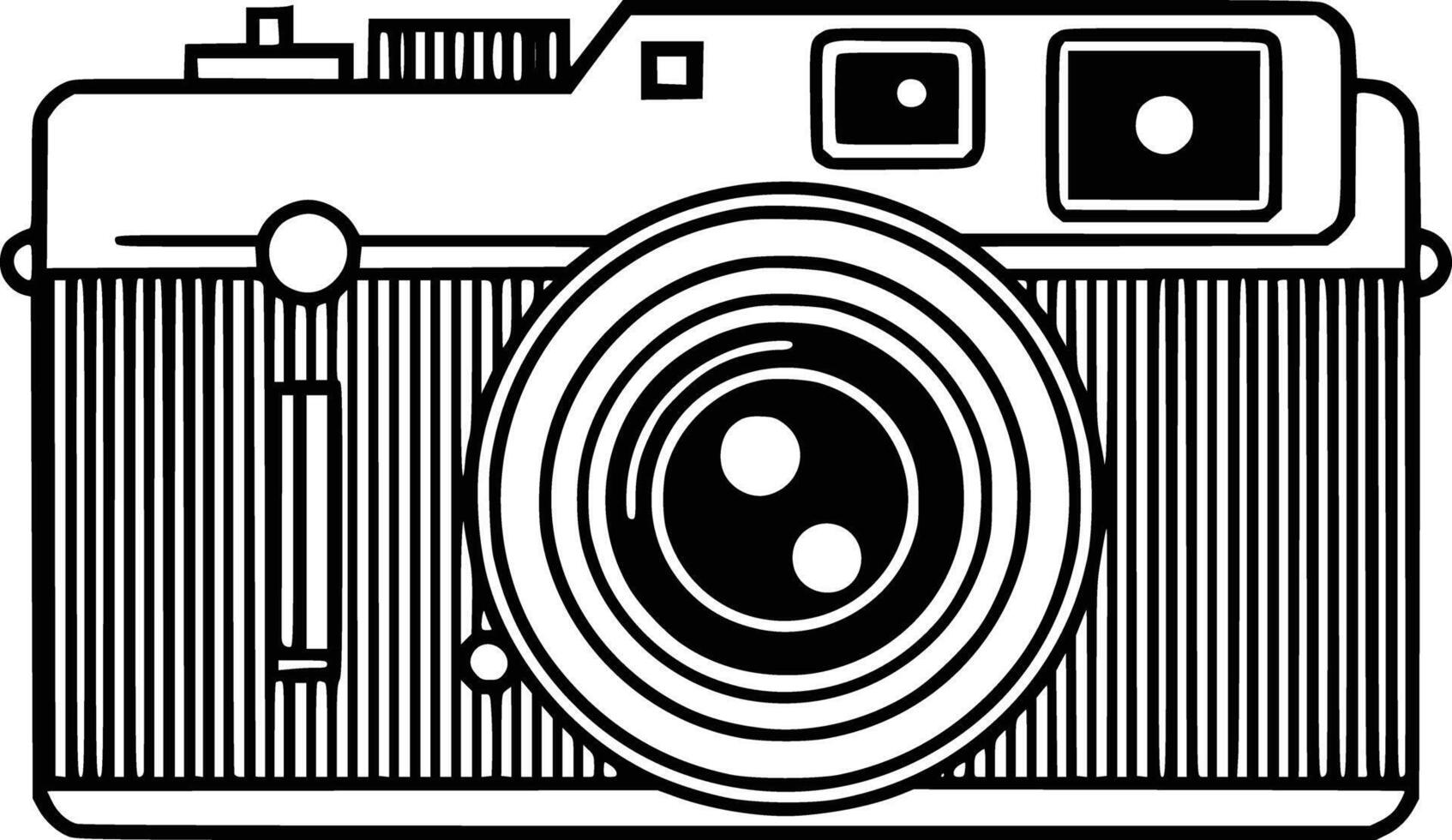 A camera is shown in black and white vector