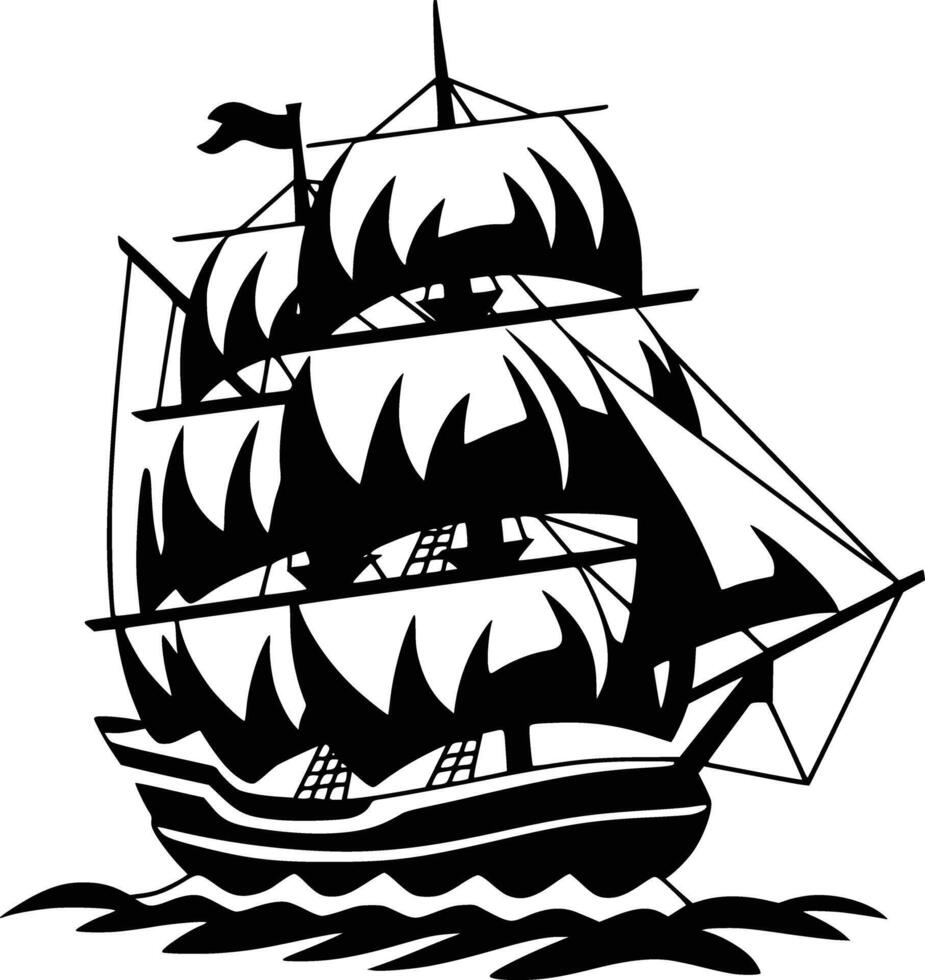A black and white illustration of a sailing ship vector