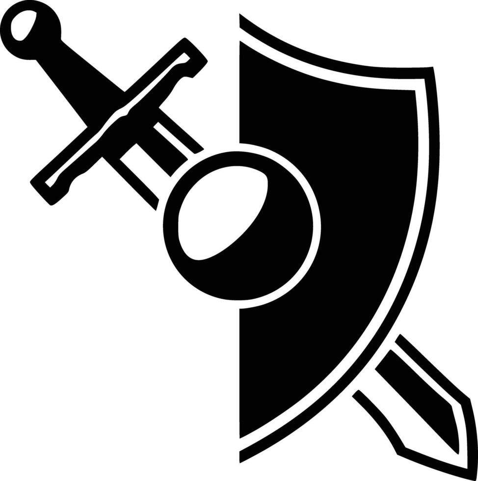 A black and white logo of a sword and shield vector