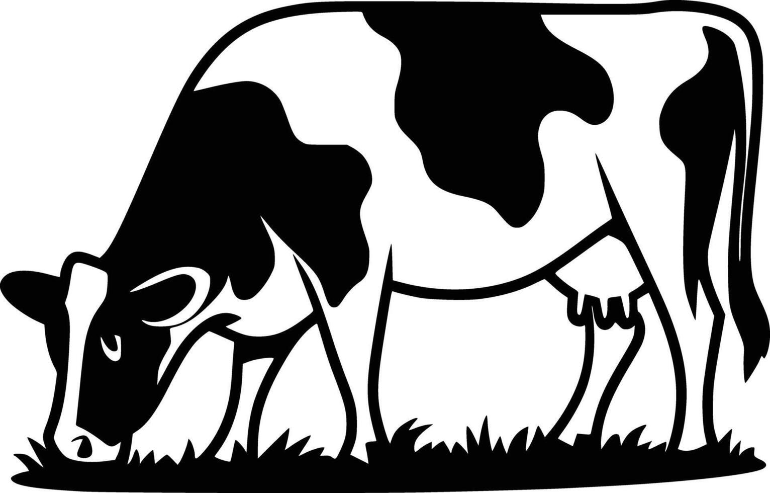 A black and white cow grazing in the grass vector