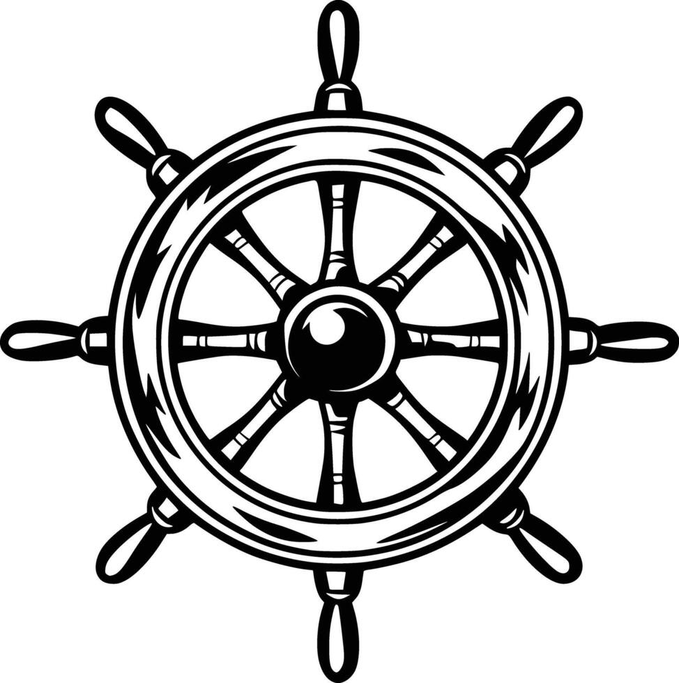 A ship steering wheel in black and white vector