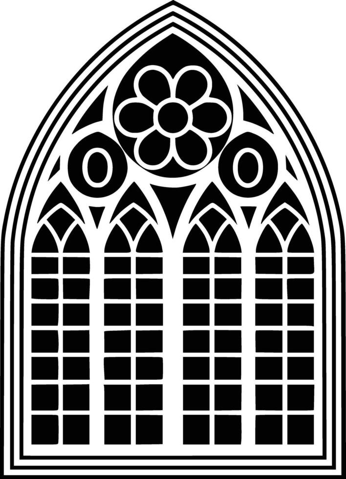A black and white gothic window with flowers and isolated background vector