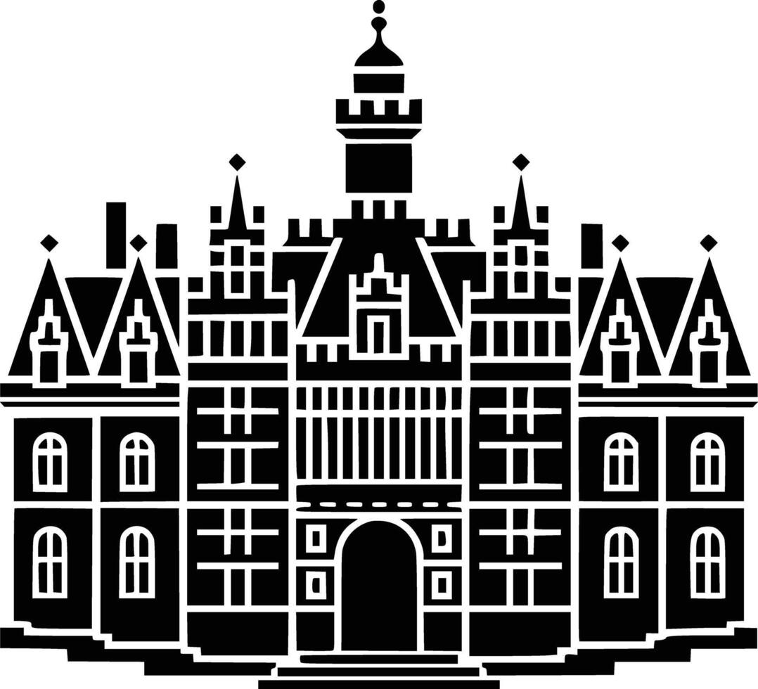 A black and white illustration of a castle vector