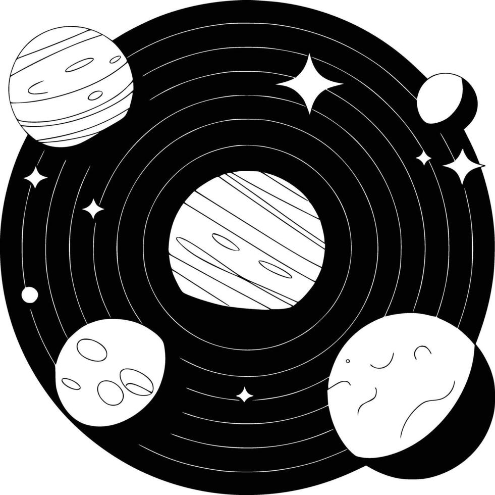 A black and white drawing of planets and stars vector