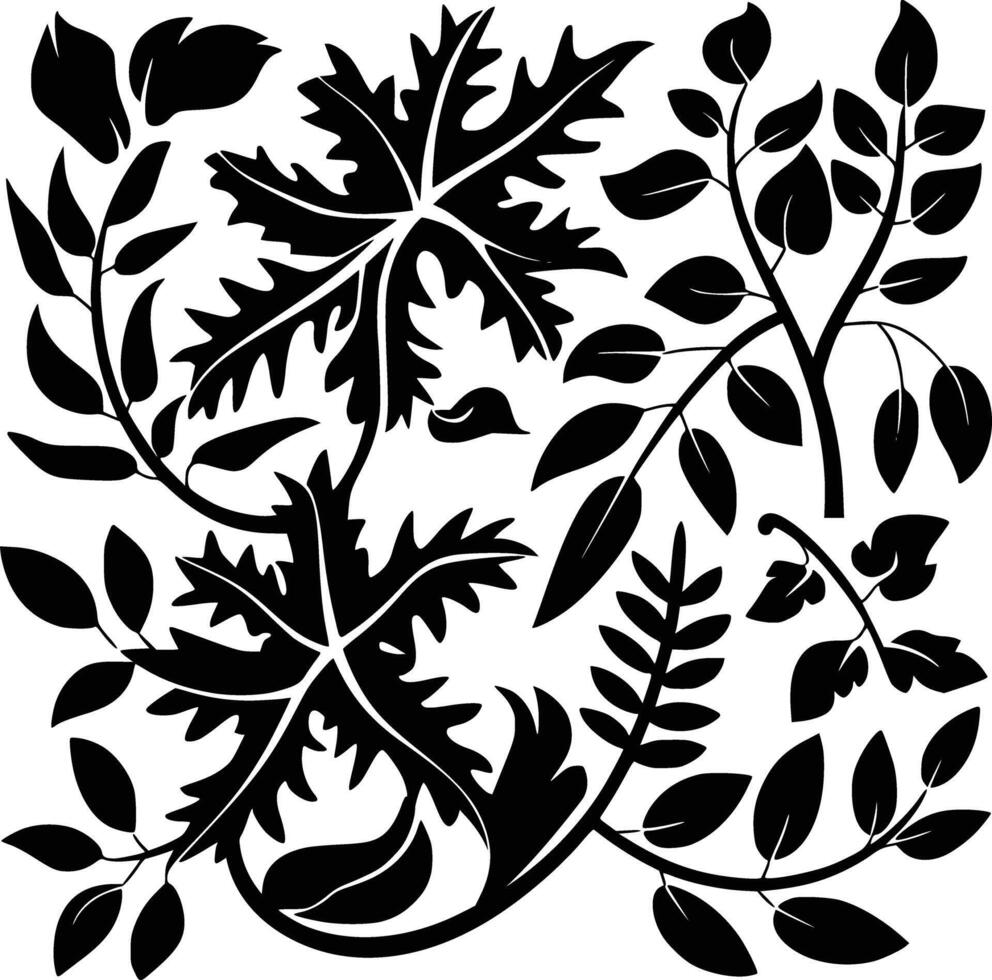 A black and white silhouette of leaves and flowers vector