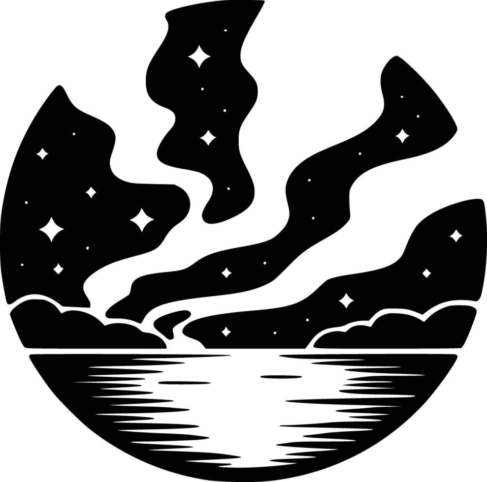 A black and white logo of a lake and stars vector
