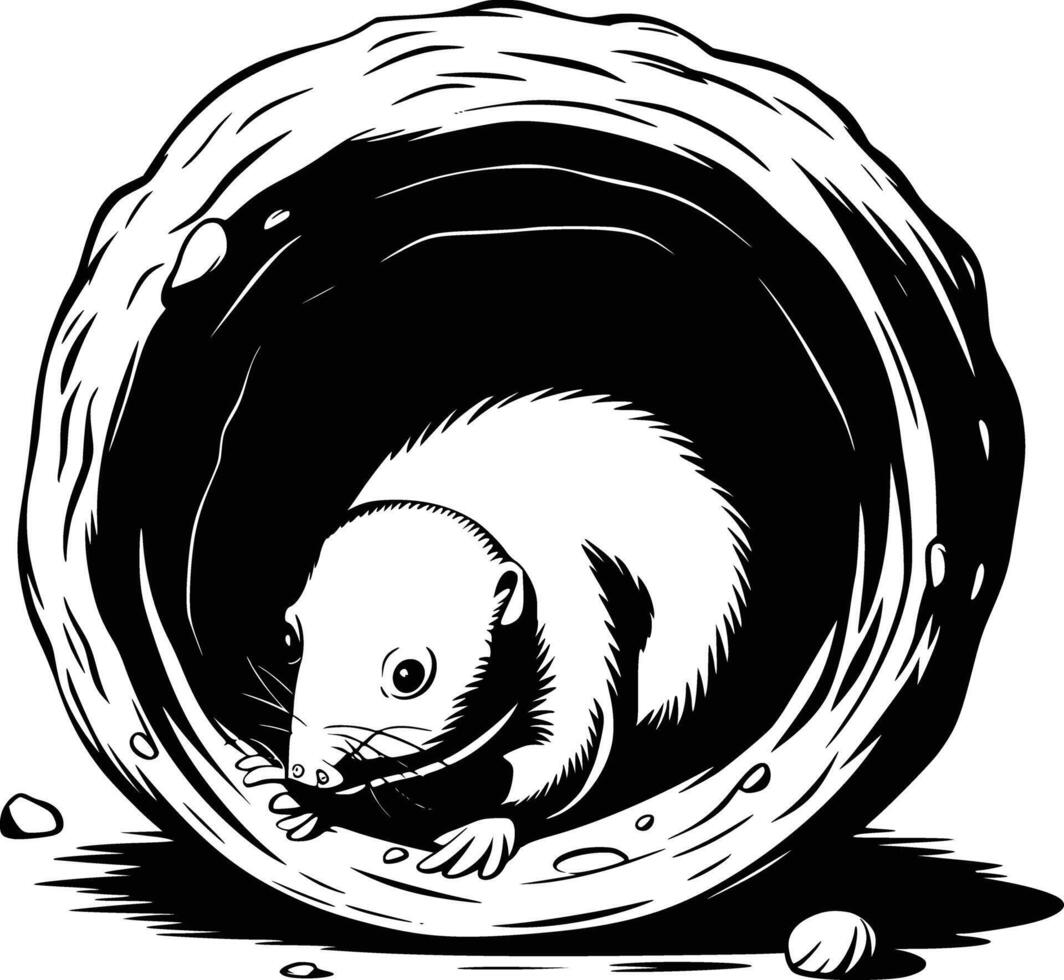 A black and white drawing of a rat in a hole vector