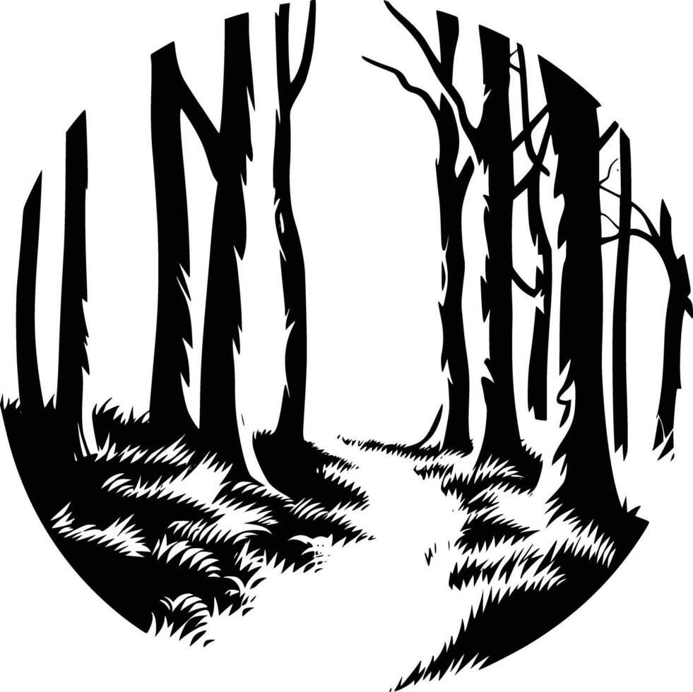 A black and white drawing of a path through the woods vector