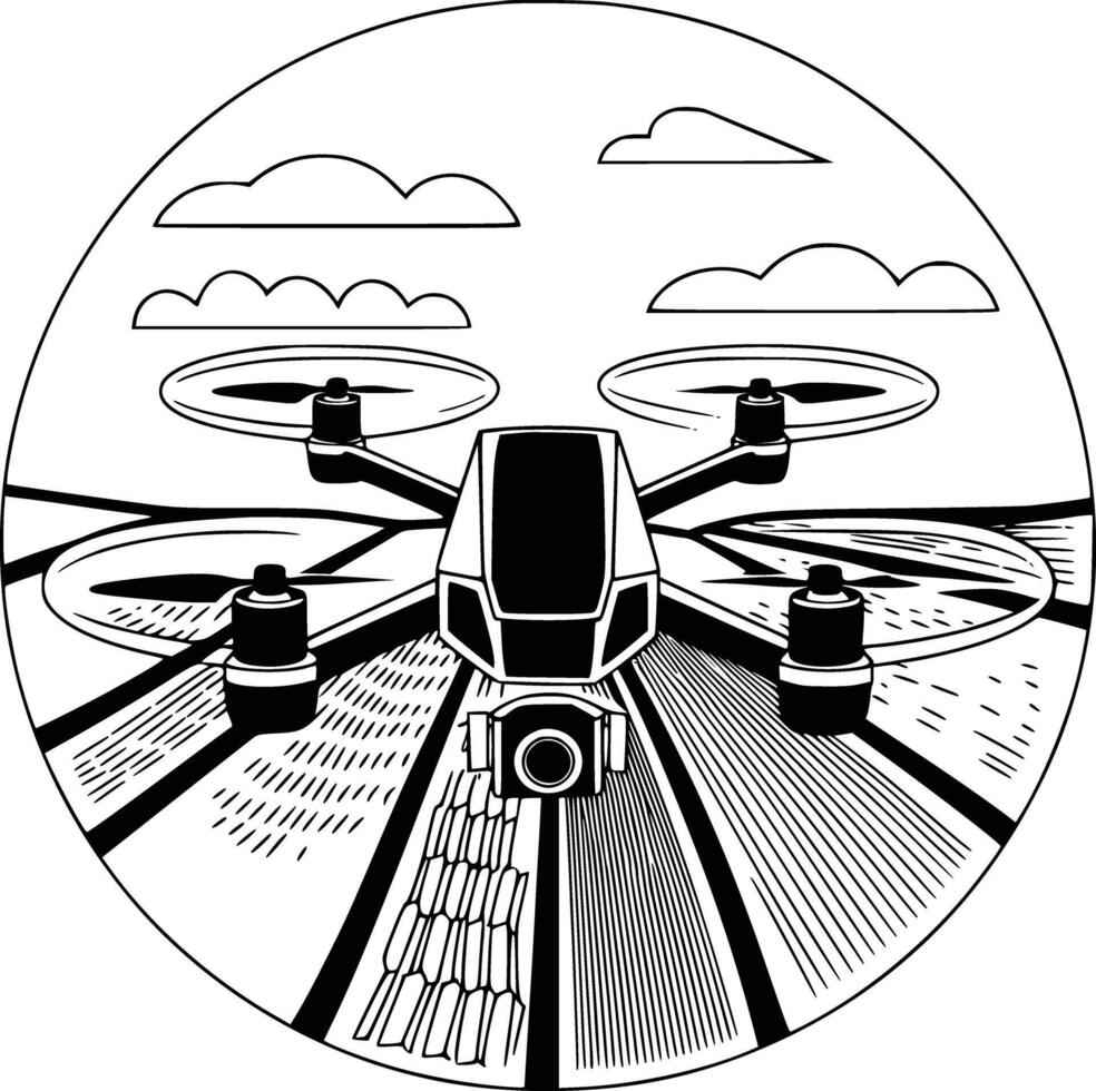 A black and white drawing of a drone flying over a field vector
