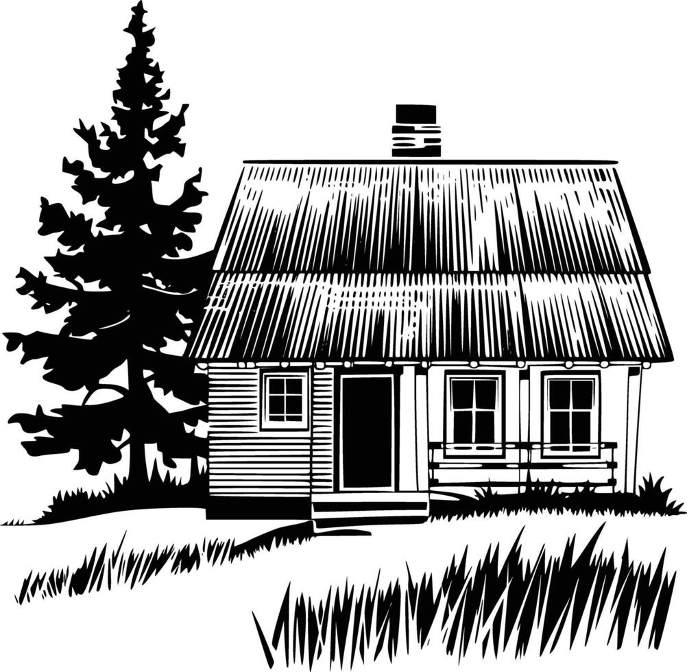 A black and white drawing of a house with a roof vector