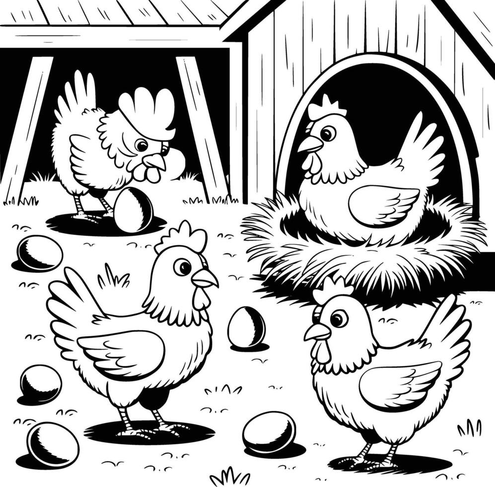 Chickens in the barn coloring page vector