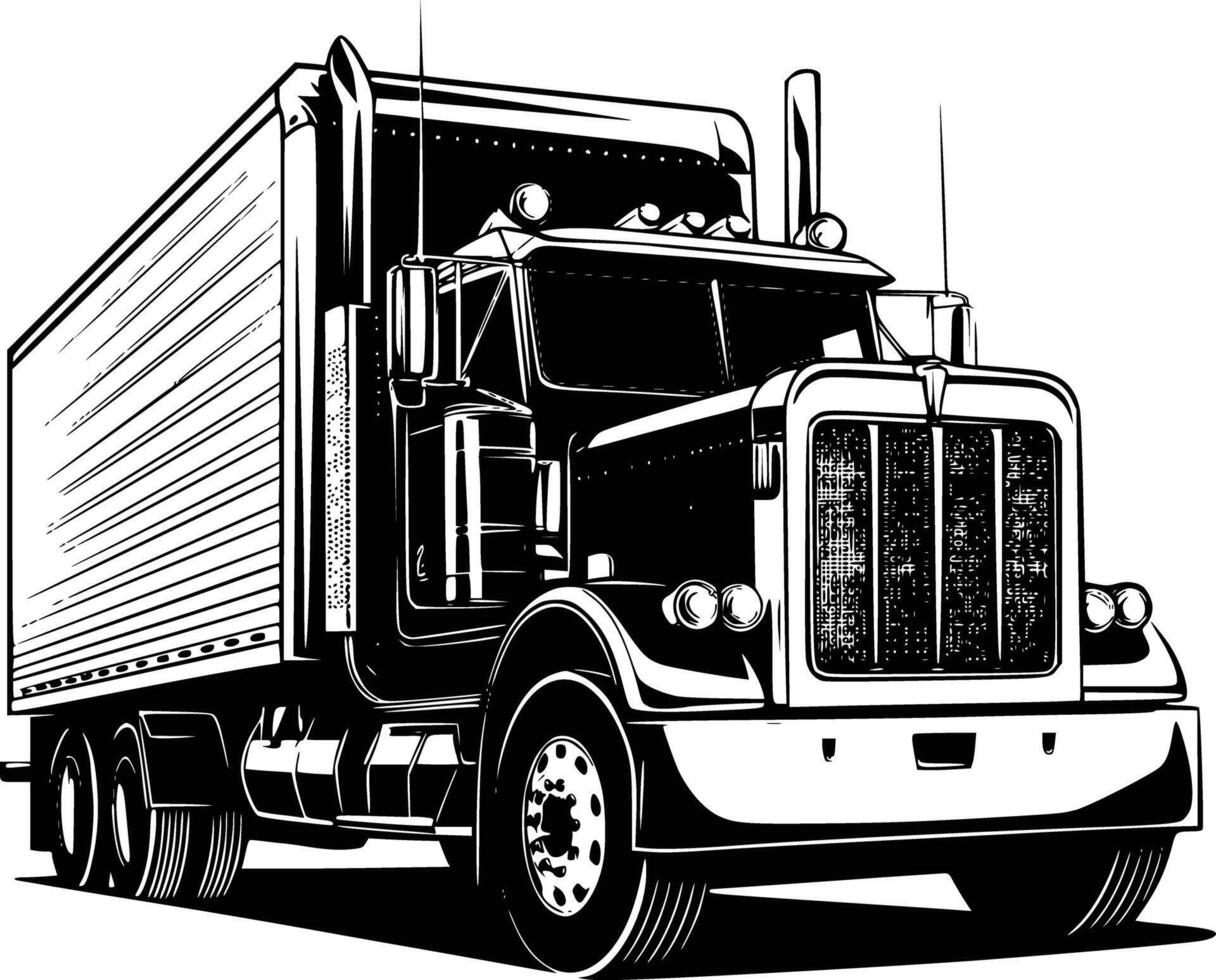 A black and white drawing of a semi truck and isolated background vector