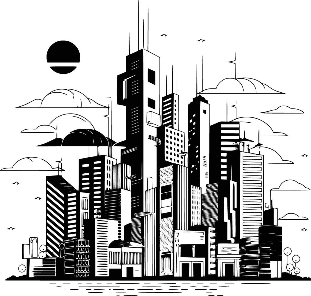 A black and white drawing of a city with skyscrapers vector