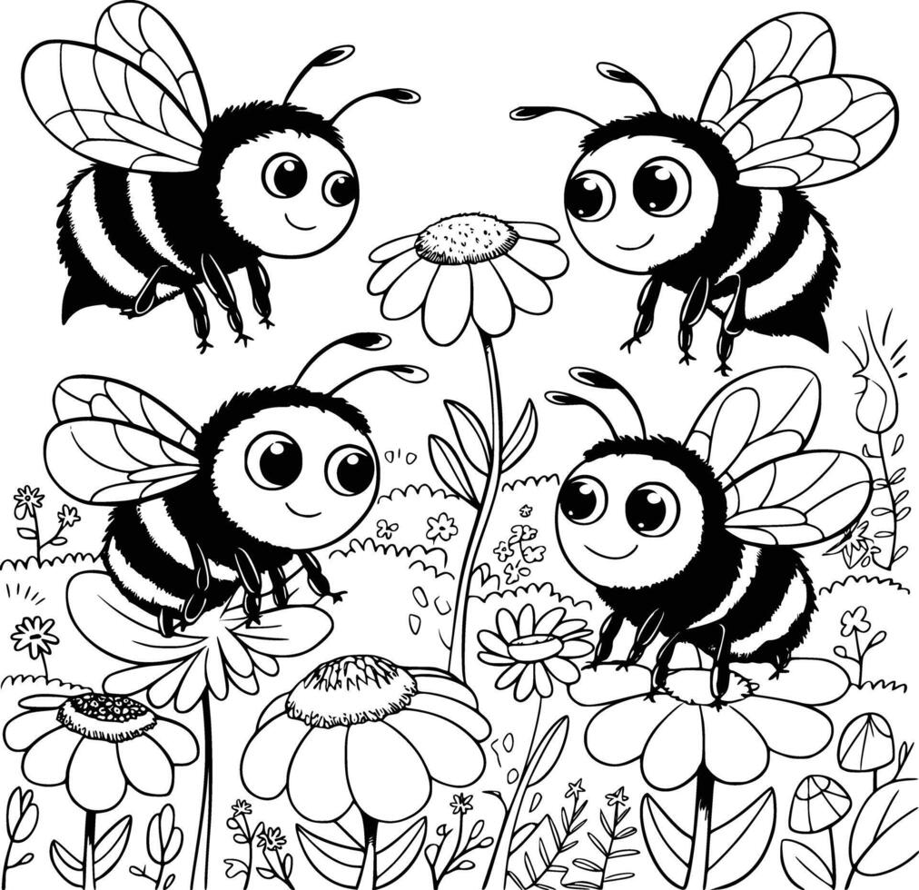 Coloring pages for kids with bees vector