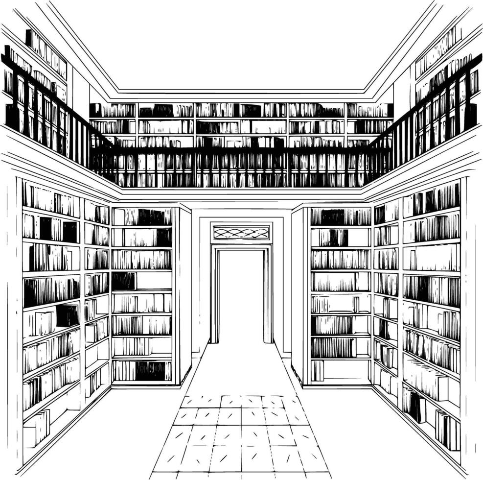 An illustration of a library with bookshelves vector