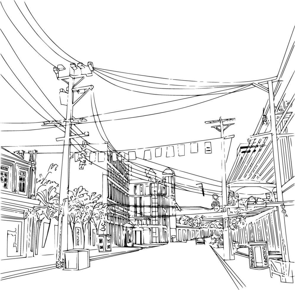 A sketch of a street with a power line and telephone poles vector