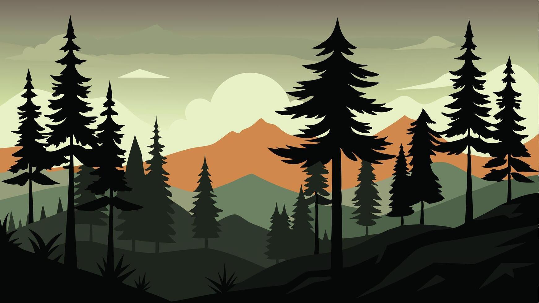 Forest Silhouette With Mountain Scenery vector